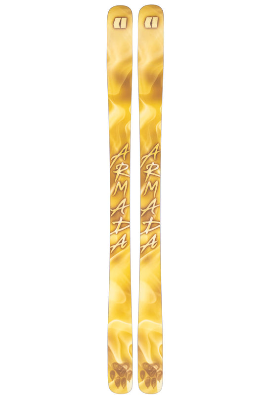 Yellow skis with a brand logo on a white background