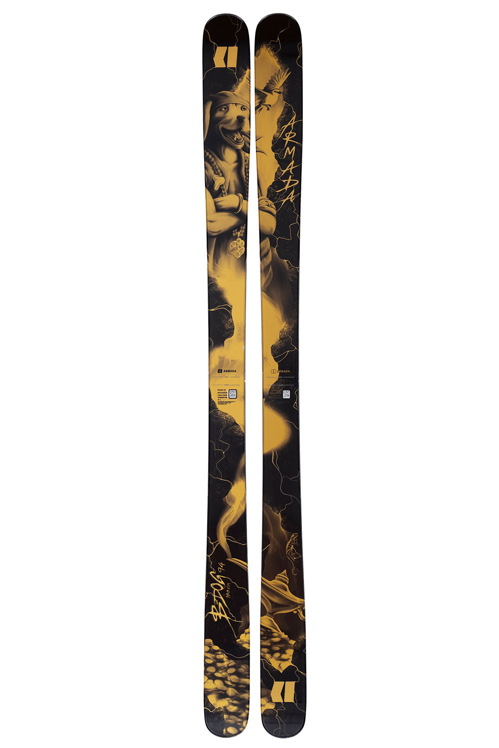 Black and yellow skis with artistic design on a white background
