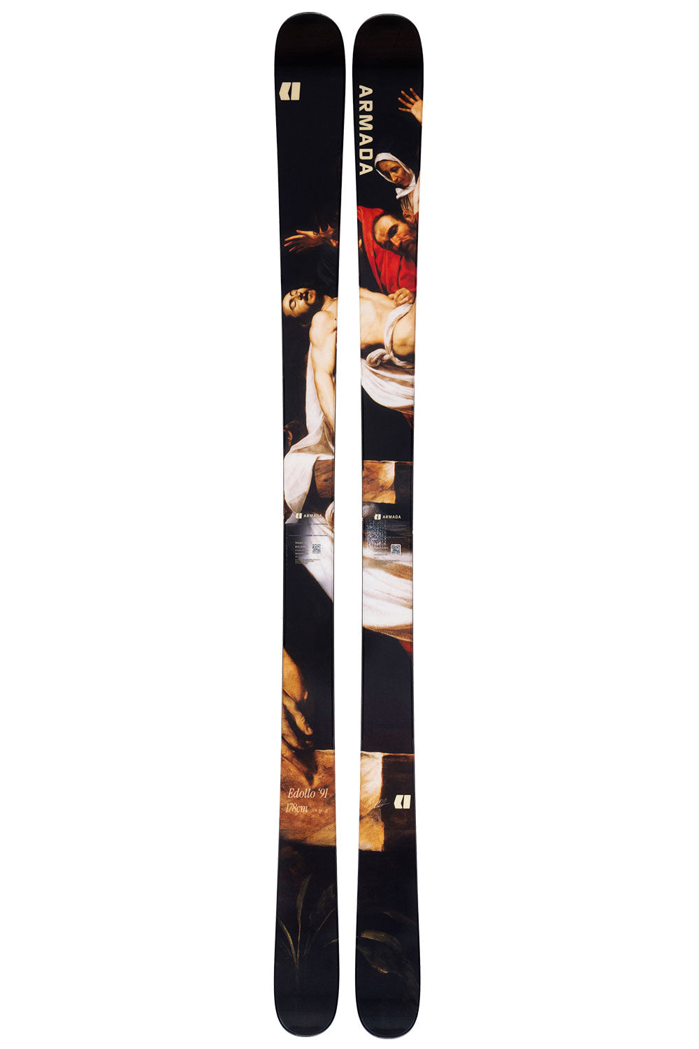 Two skis with artistic design on a white background
