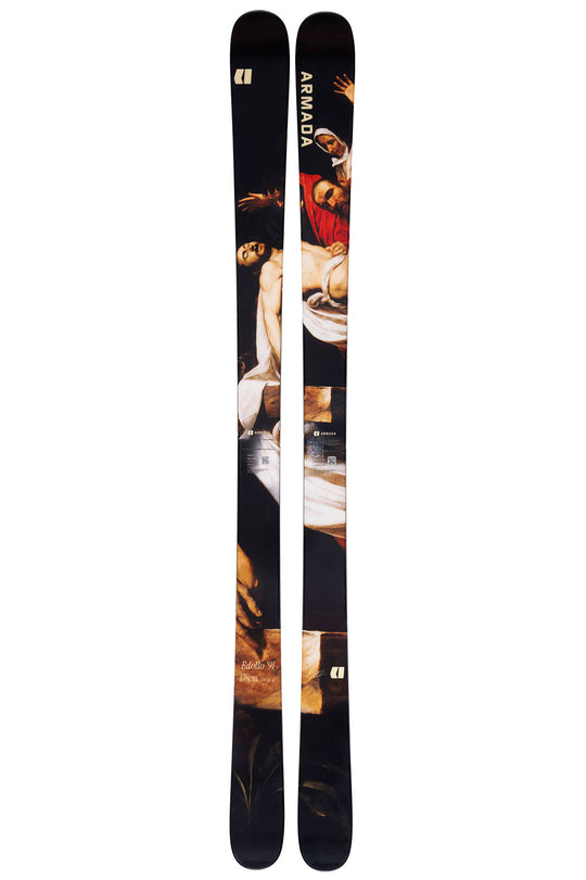 Two skis with artistic design on a white background