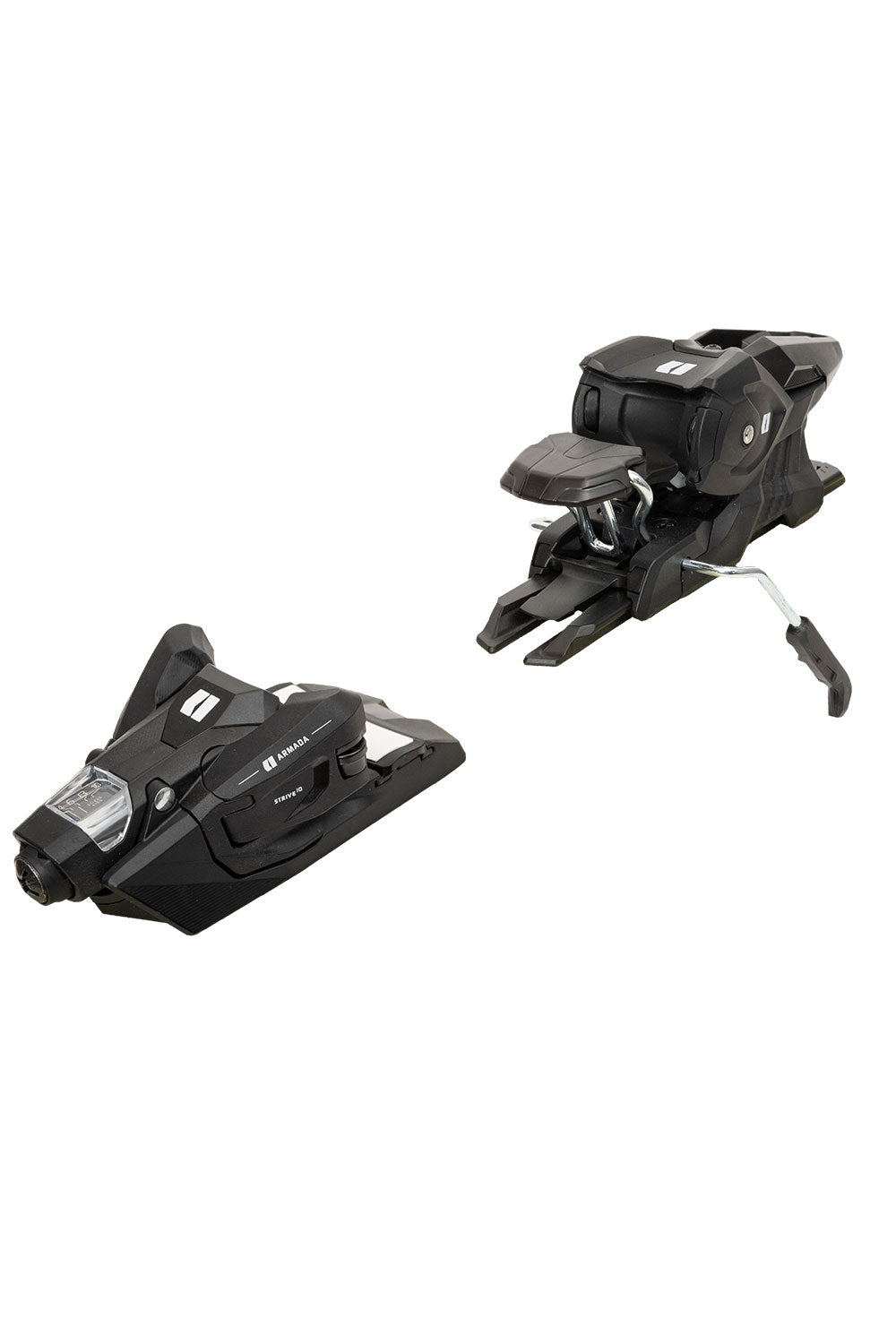 Two black ski bindings on a white background