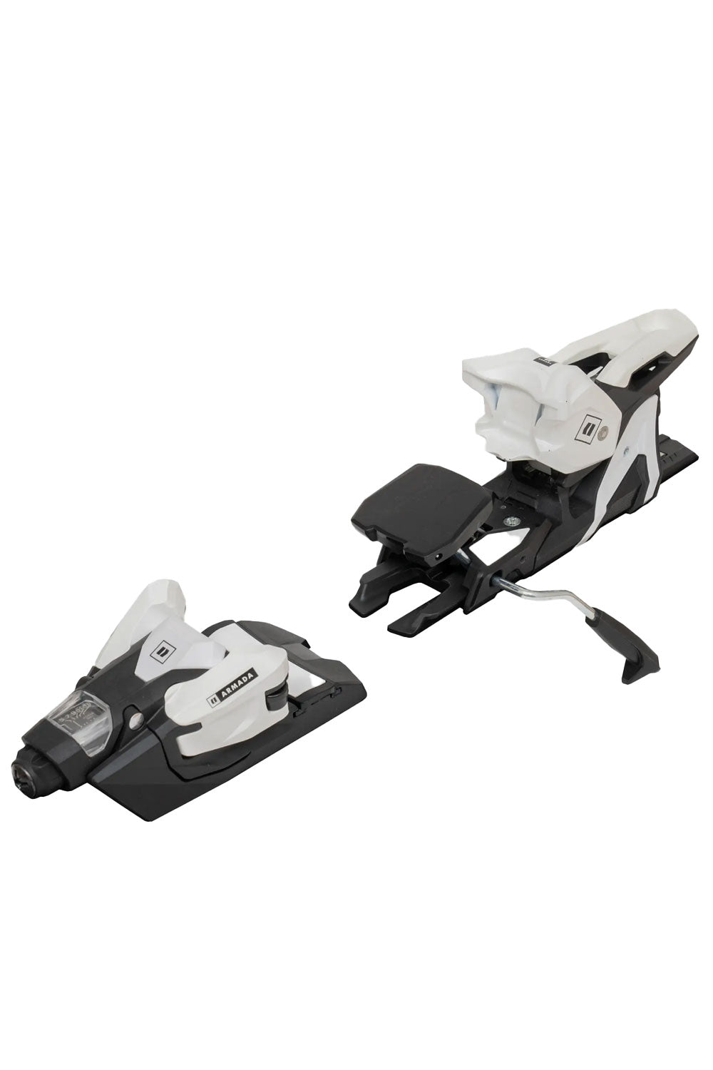 Pair of black and white ski bindings on a white background