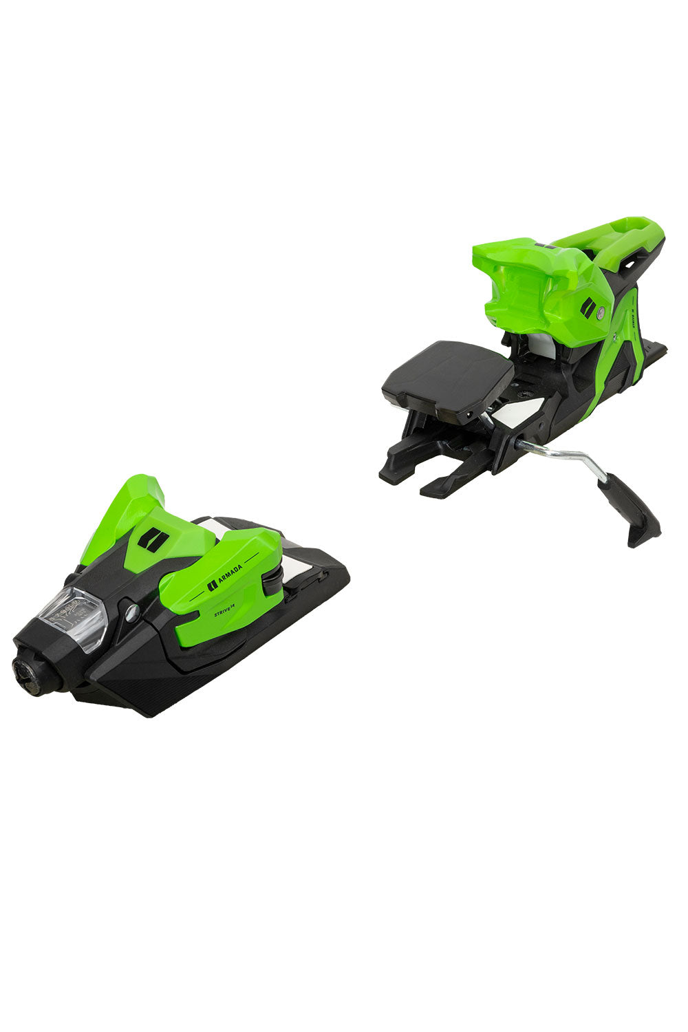 Two green and black ski bindings on a white background
