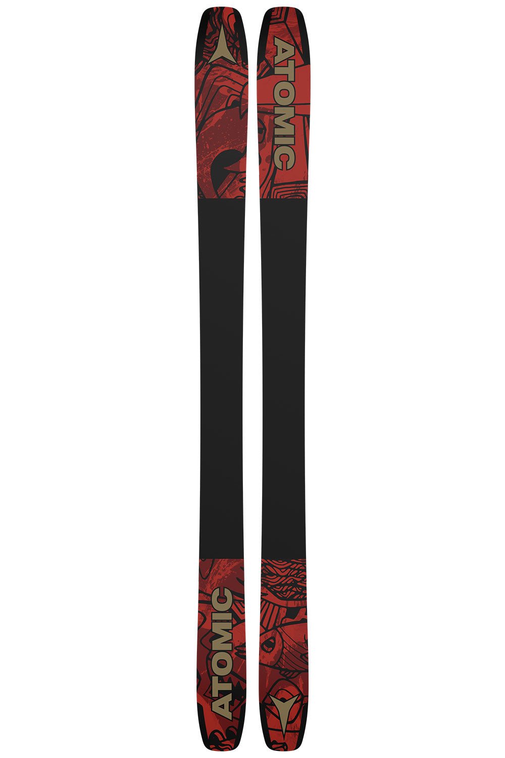 Two skis with red and black design on a white background