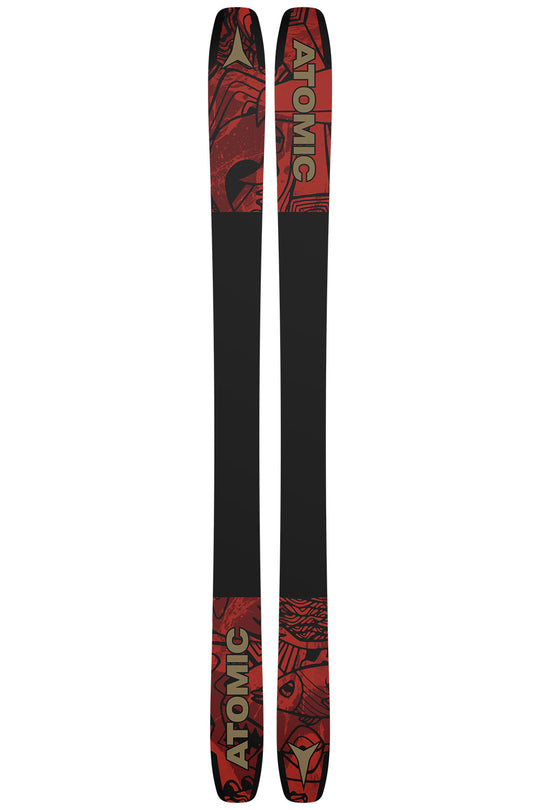 Two skis with red and black design on a white background