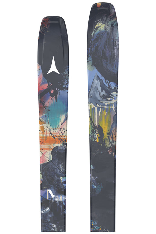 Two skis with a colorful mountain design on a white background