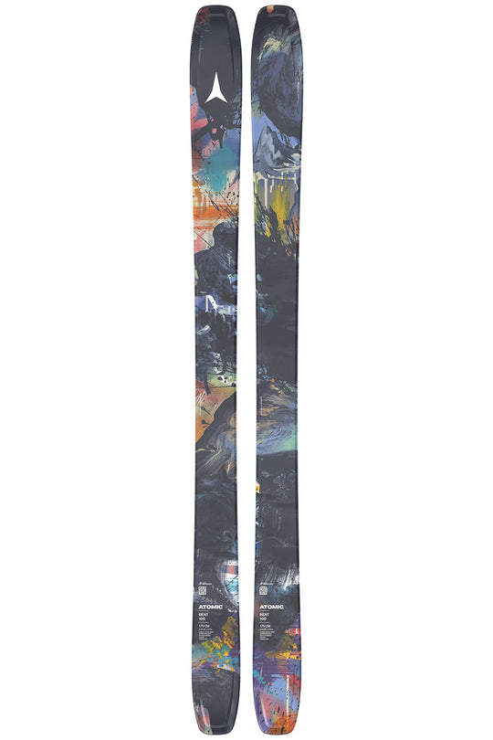 Pair of skis with a colorful design on a white background