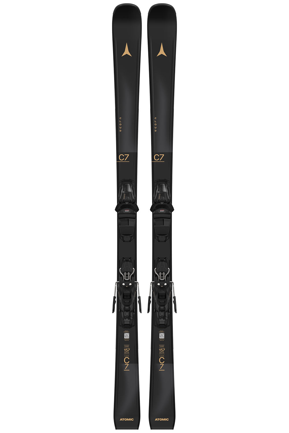 Pair of black skis with bindings on a white background