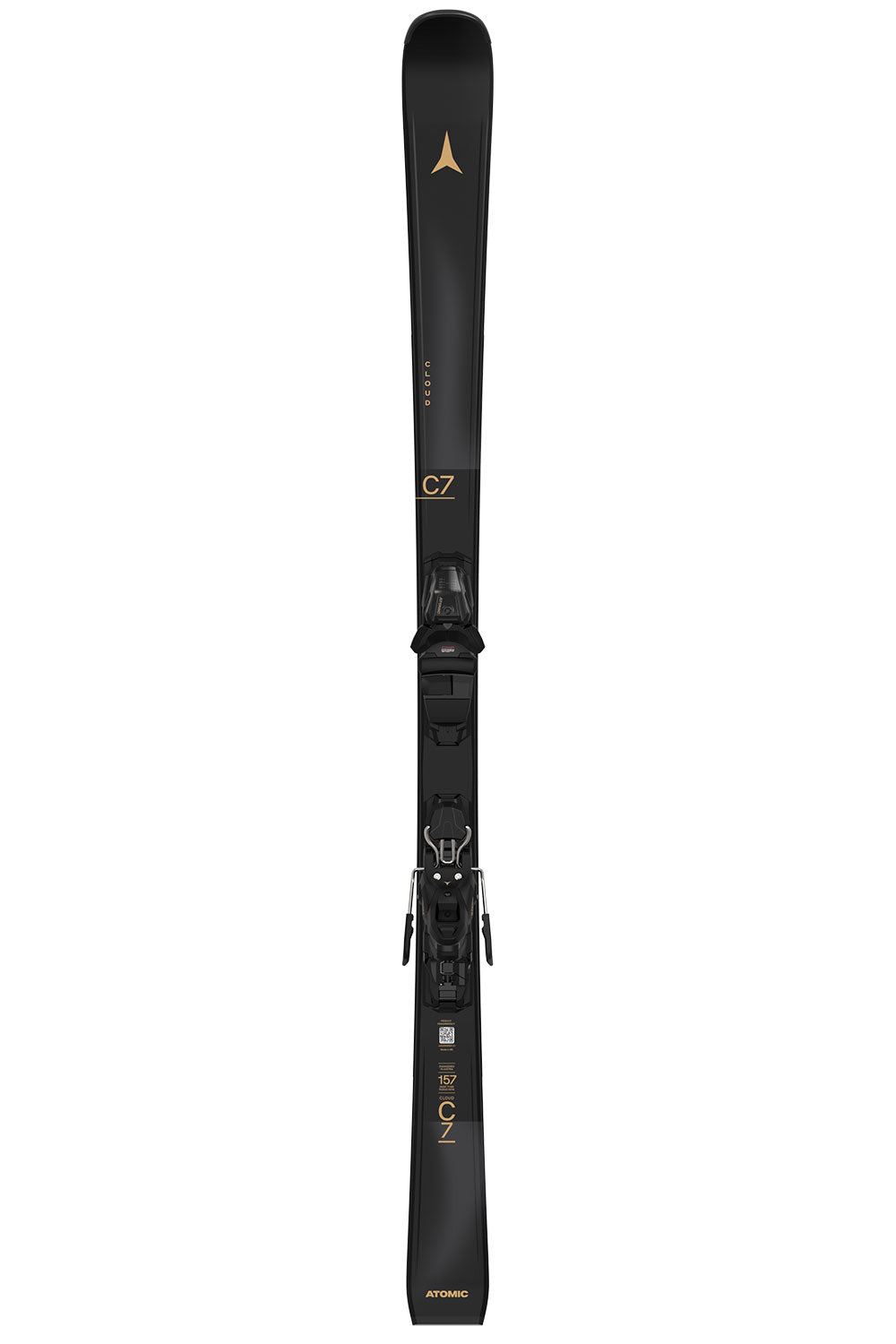 Black ski with visible branding on a white background
