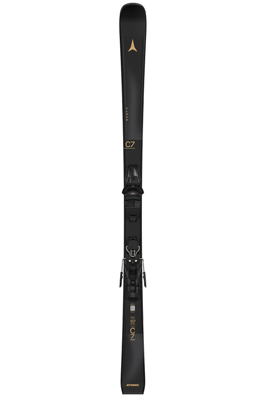 Black ski with visible branding on a white background