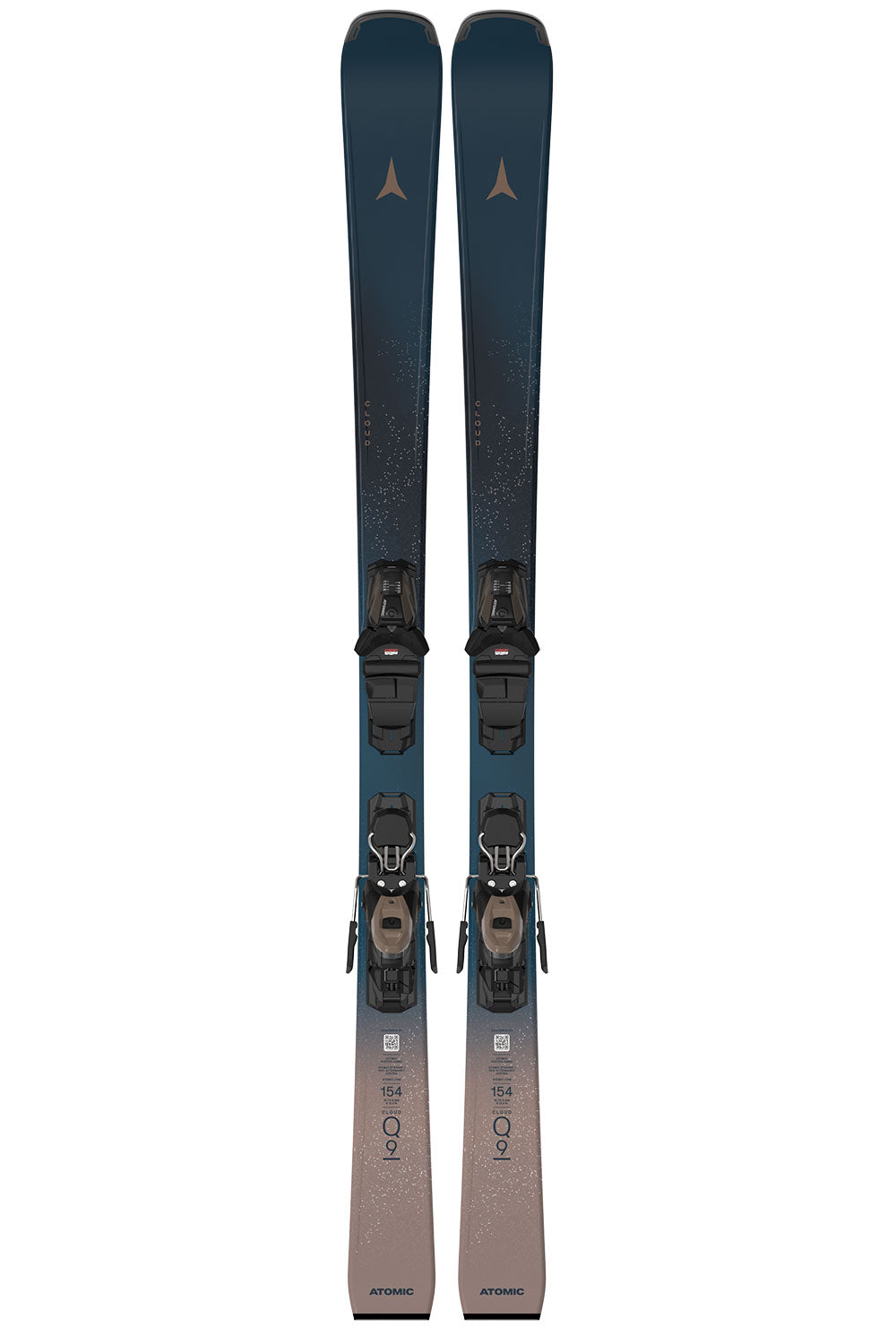 Pair of blue and gray skis with bindings on a white background