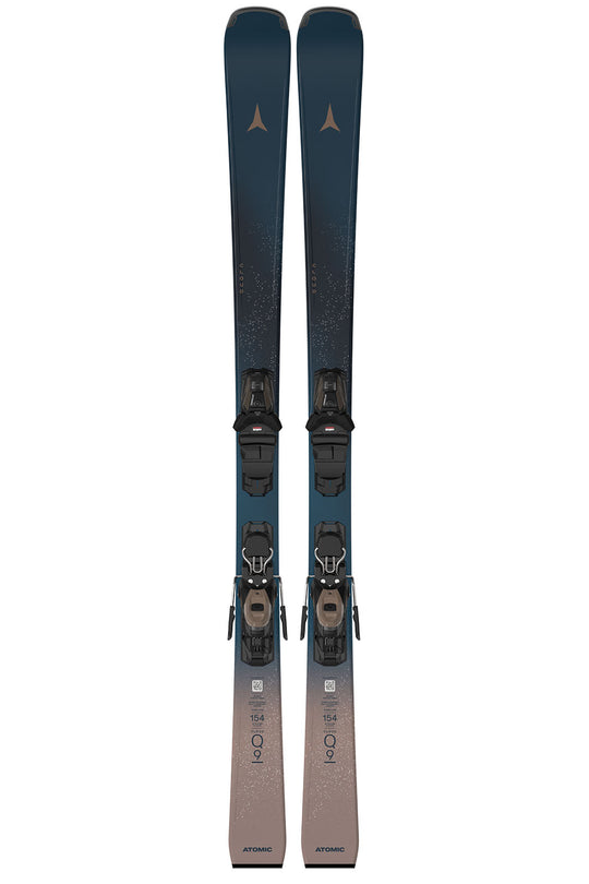 Pair of blue and gray skis with bindings on a white background