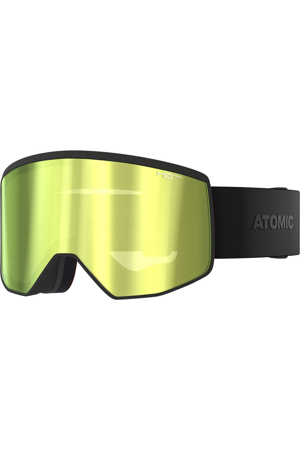Ski goggles with yellow lens and black frame on a white background