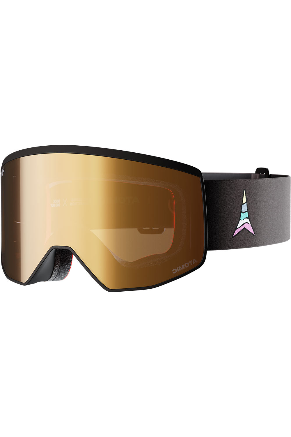 Ski goggles with gold lens and black frame on a white background