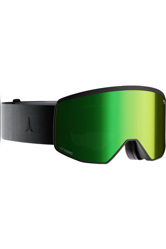 Black ski goggles with green lens on a white background