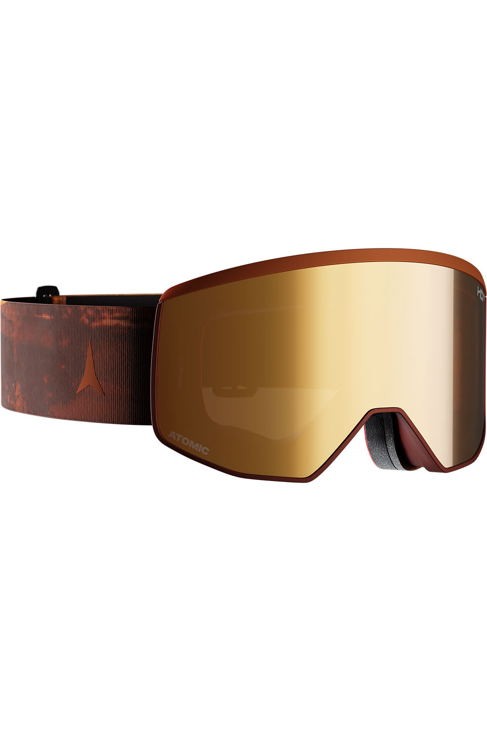 Gold-tinted goggles with a brown frame on a white background
