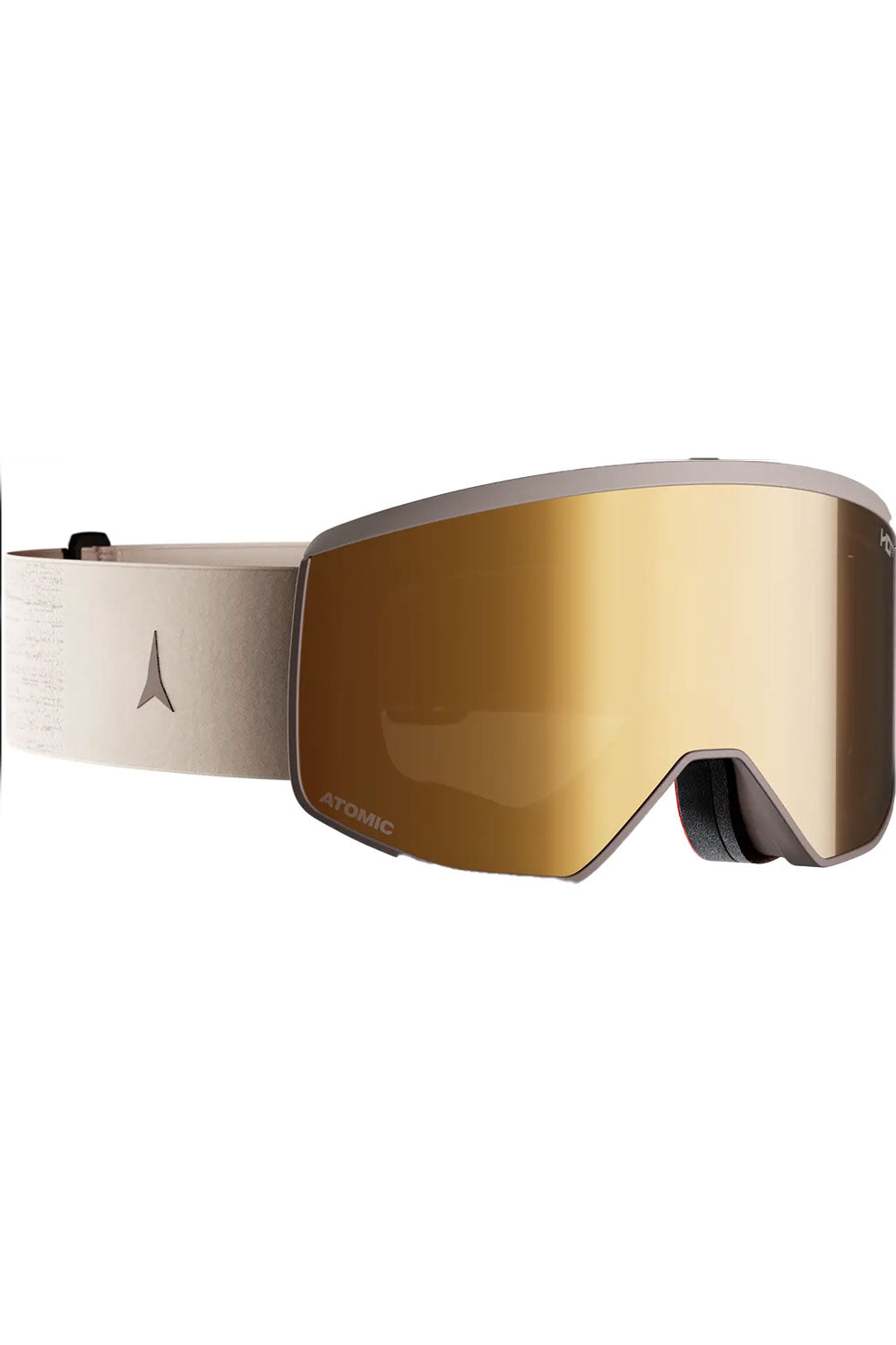 Beige ski goggles with gold lens on a white background