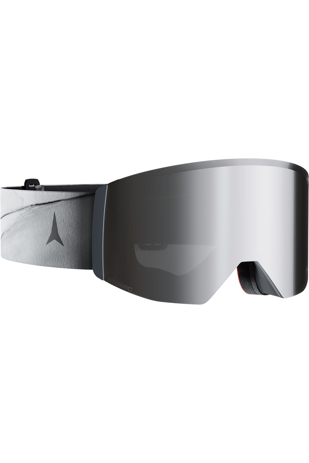 Silver ski goggles with a reflective lens on a white background