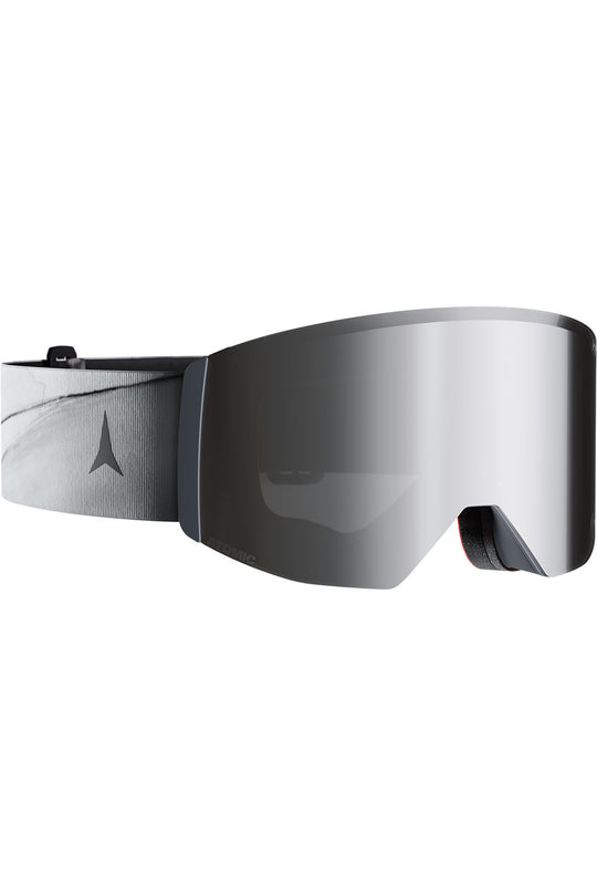 Silver ski goggles with a reflective lens on a white background