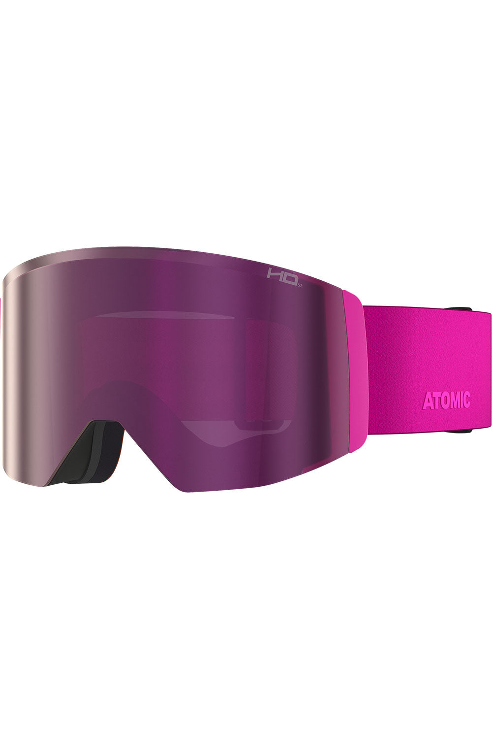 Pink ski goggles with a pink strap on a white background