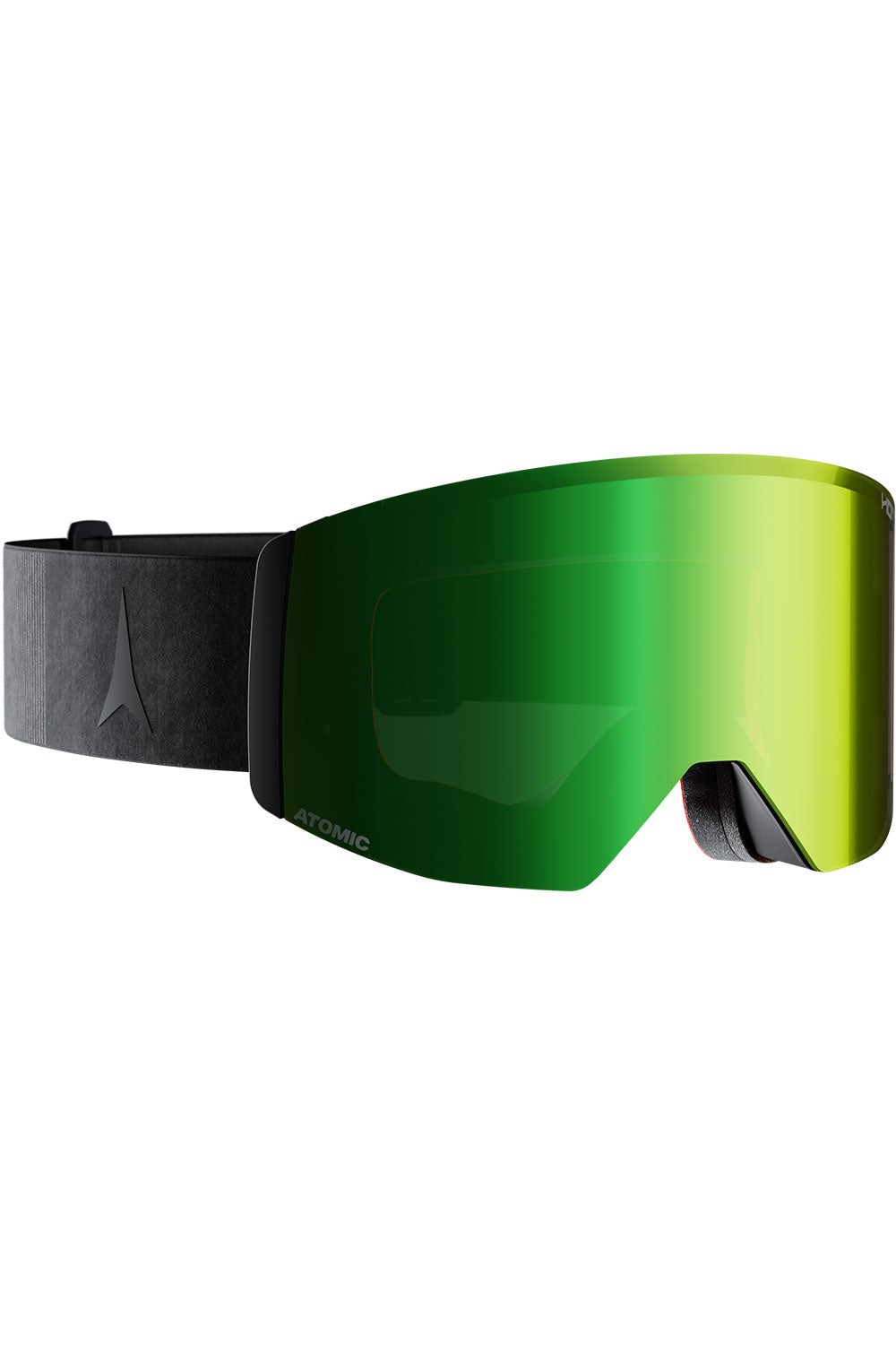 Green ski goggles with black frame on a white background
