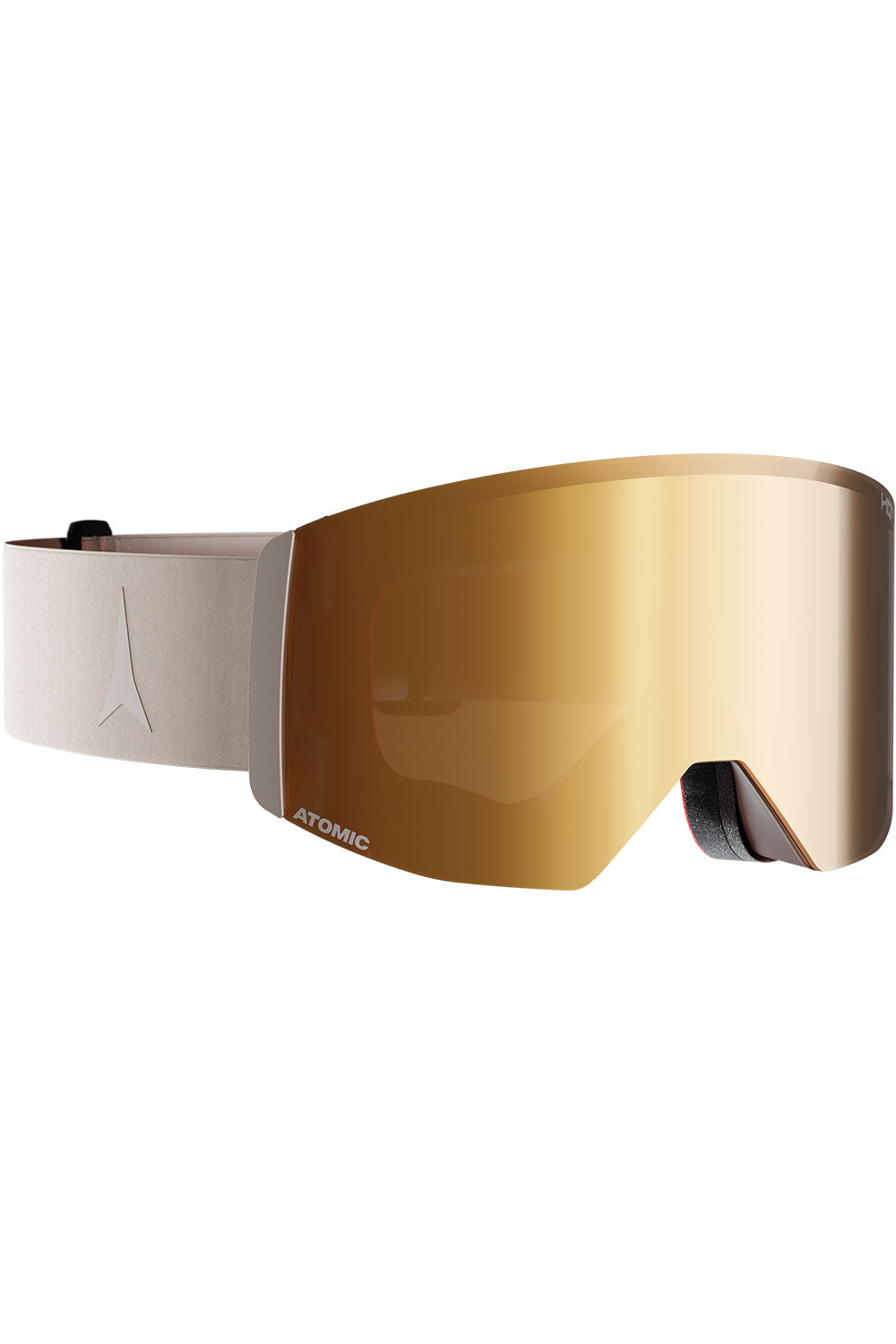 Gold ski goggles with beige frame on a white background