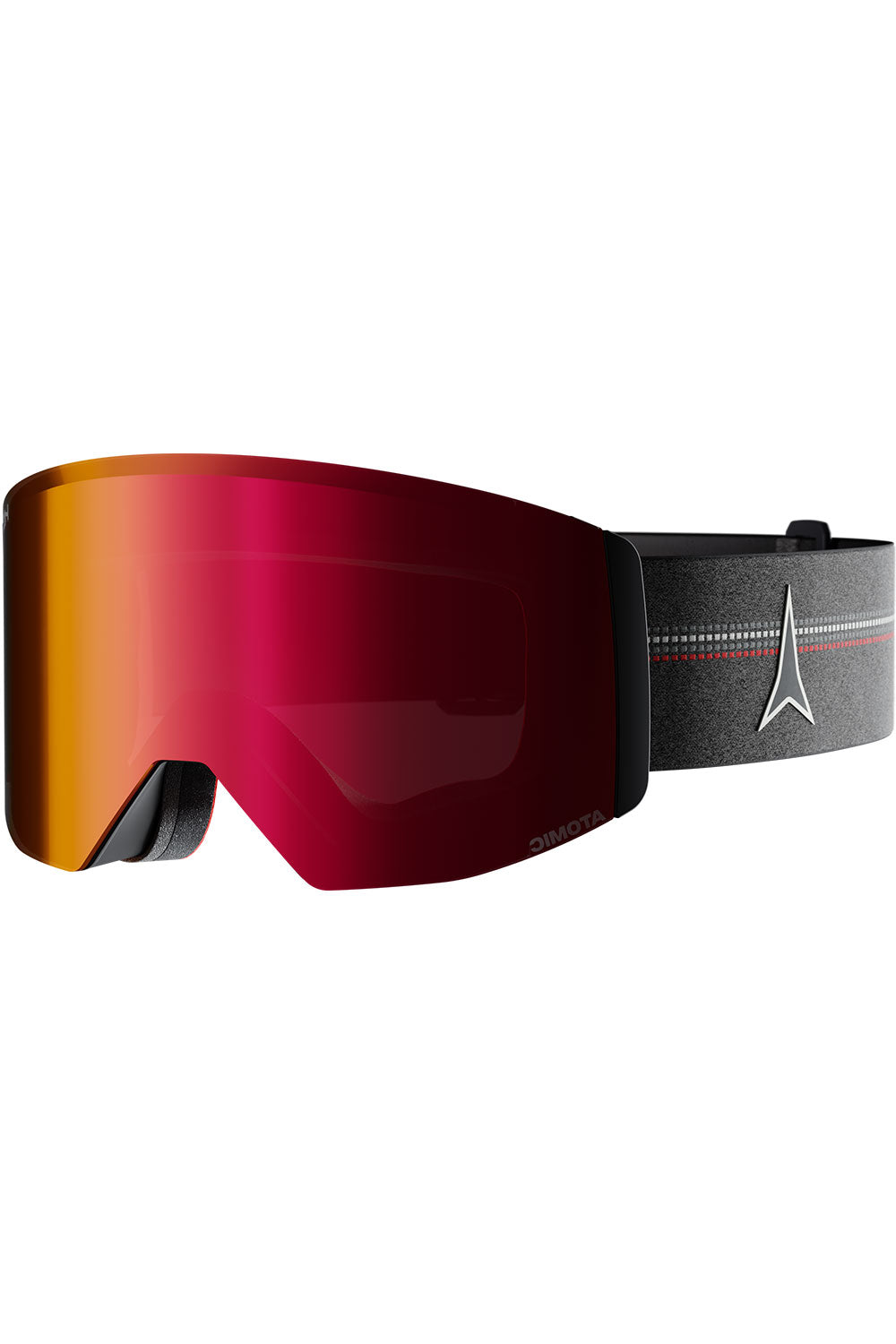 Red ski goggles with a black strap on a white background