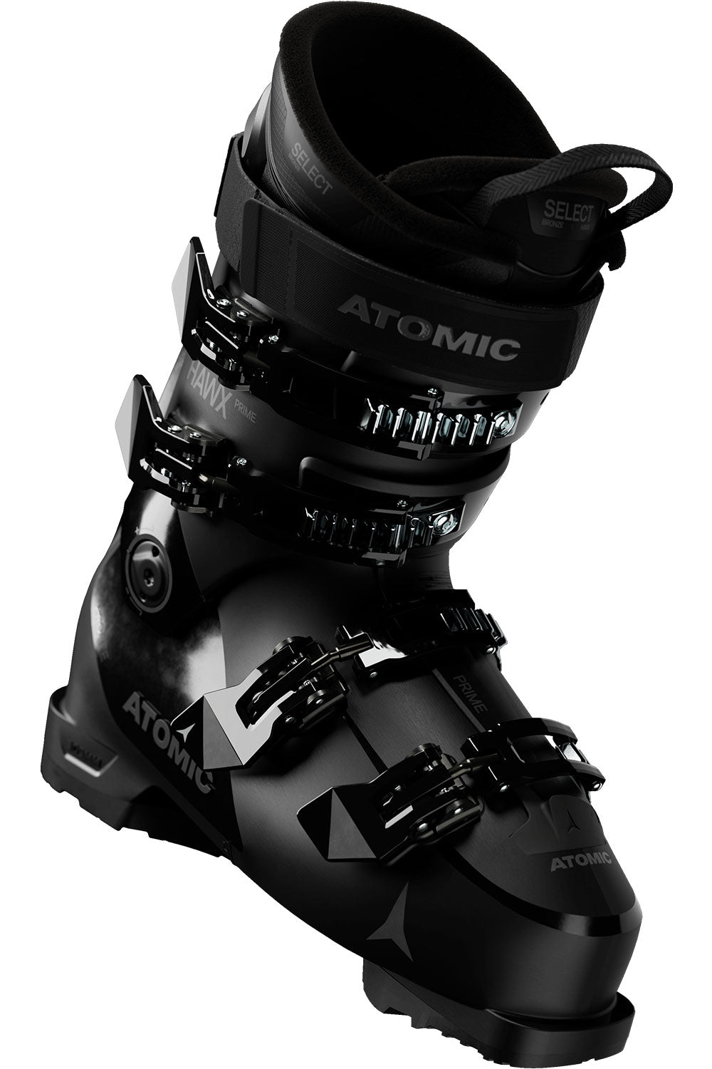 Black Atomic ski boot on a white background
