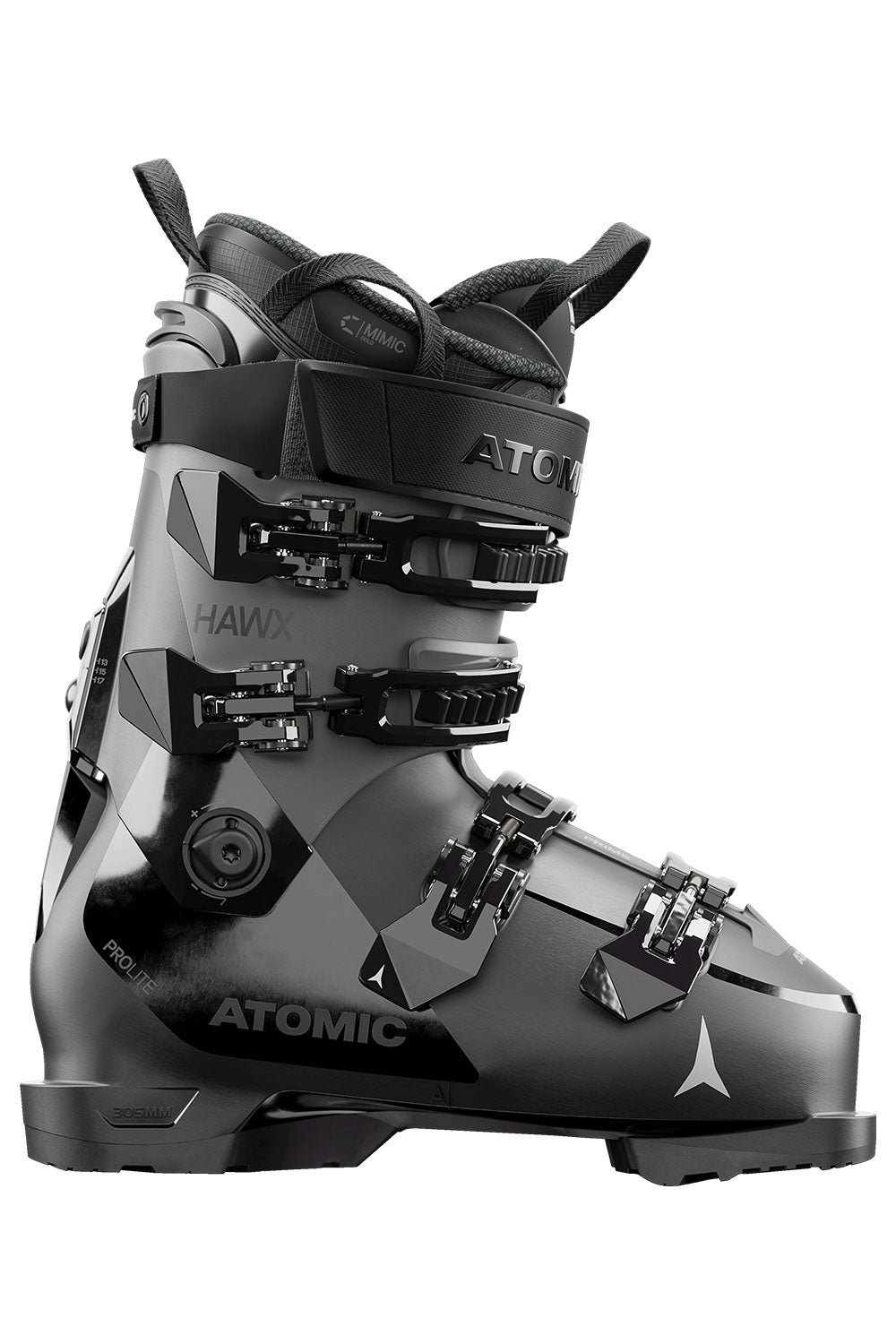 Black and gray Atomic ski boot on a white background