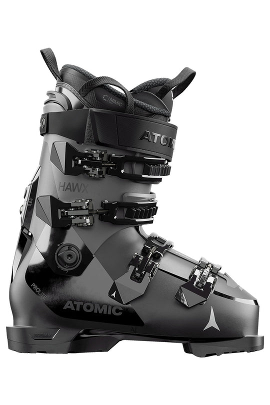 Black and gray Atomic ski boot on a white background