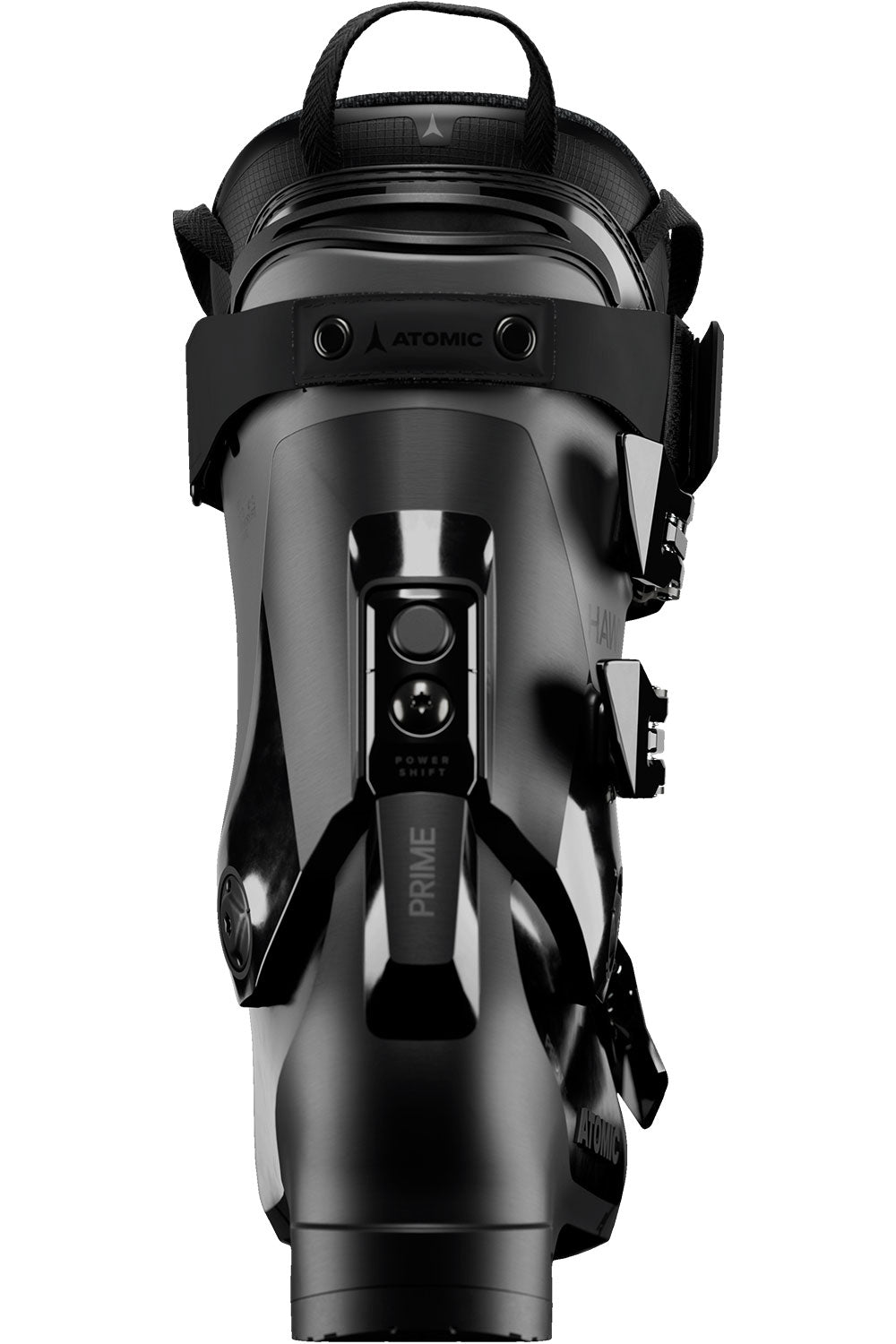 Black ski boot with 'Atomic' branding on a white background