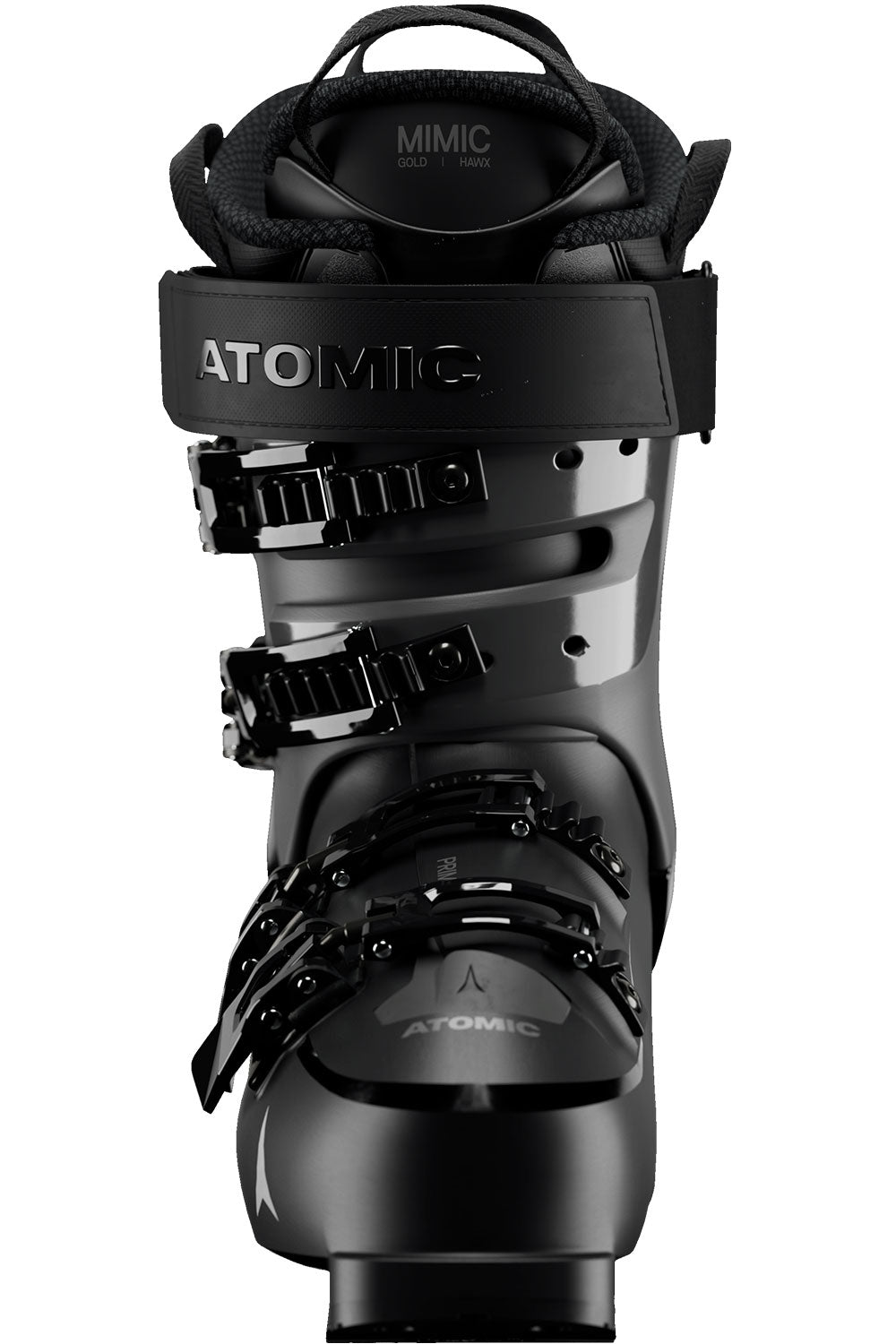 Black Atomic ski boot on a white background