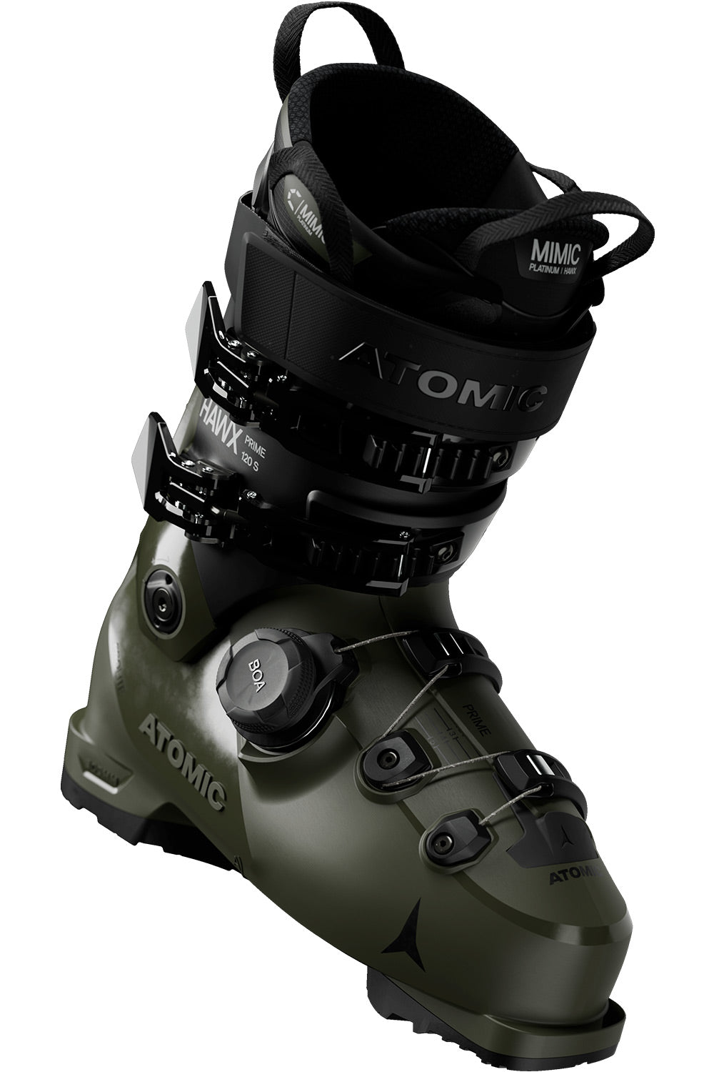 An Atomic ski boot in olive green and black, featuring the Atomic logo and dial closure system, shown on a plain white background.