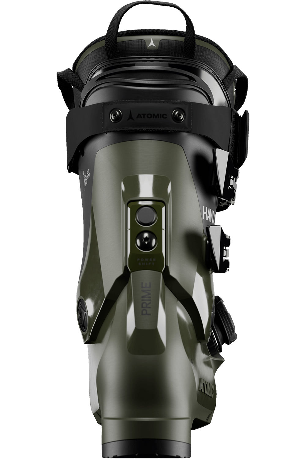 An Atomic ski boot in olive green and black, shown from a front-facing perspective against a solid white background.