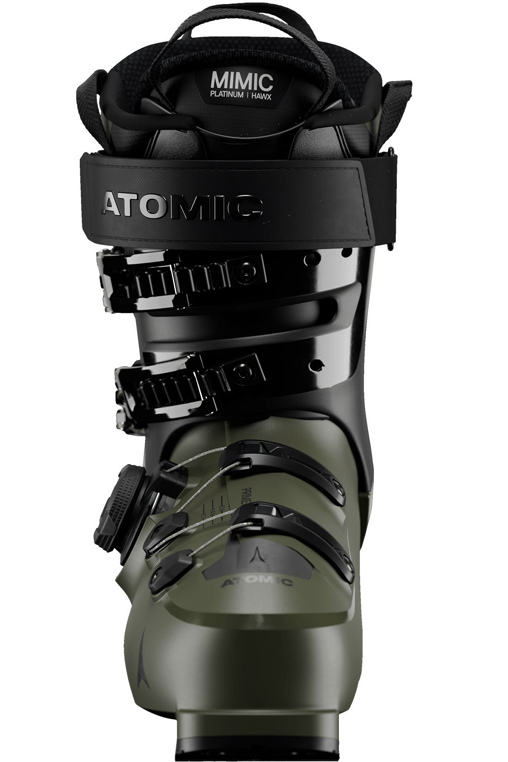 A single ski boot shown from the front on a plain white background. The boot is dark olive green with black buckles, straps, and trim, and has the brand name 'ATOMIC' visible on the strap and lower shell.