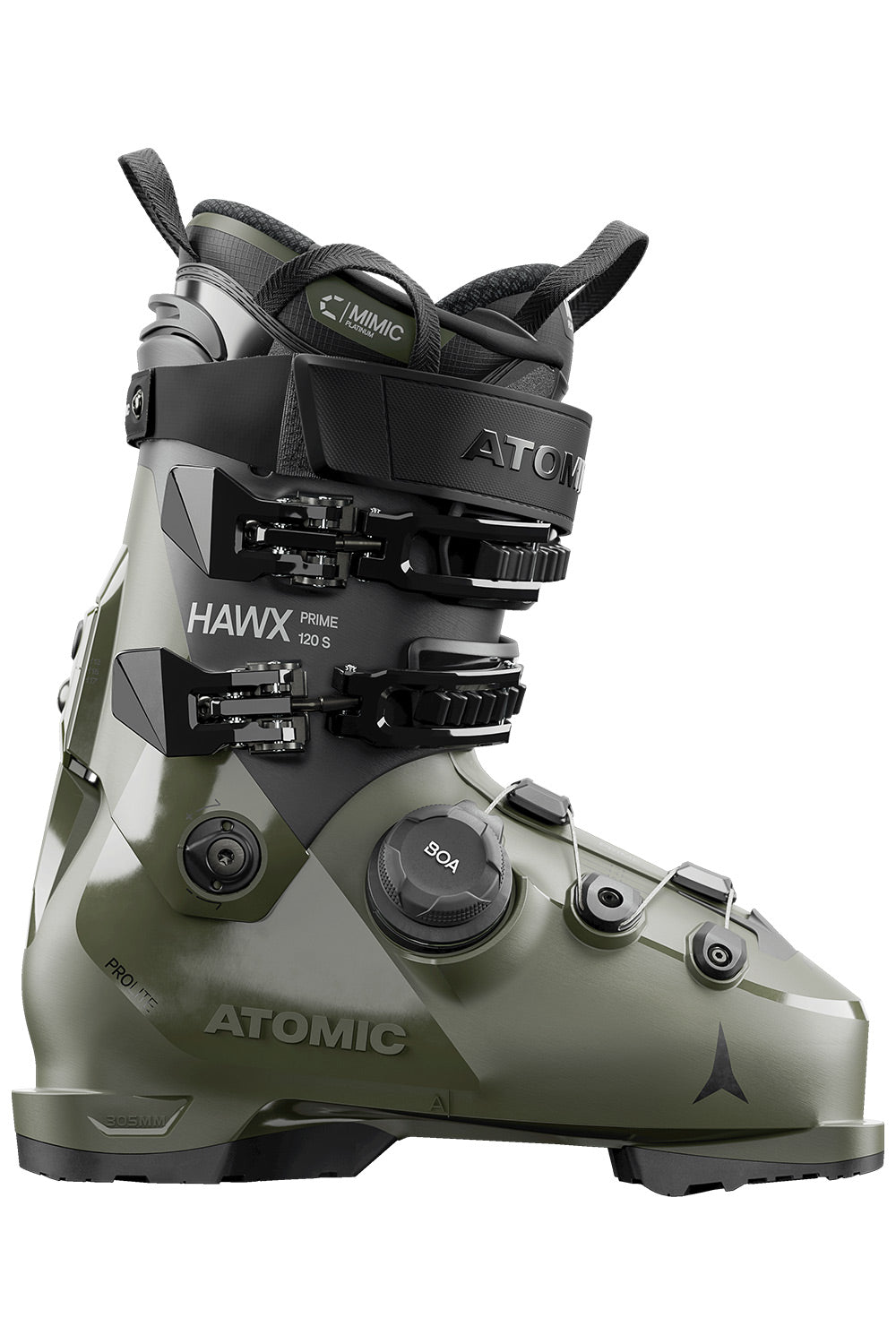 An Atomic Hawx Prime ski boot in olive green and black, featuring a quick-release dial and multiple buckles, shown against a plain white background.