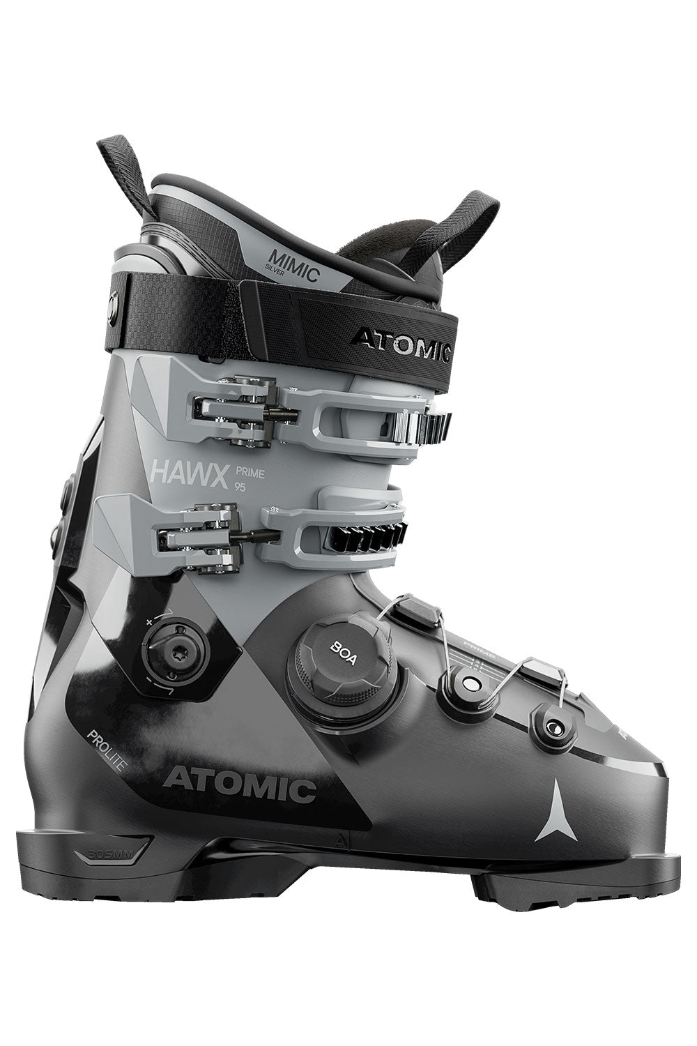 Gray and black Atomic ski boot on a white background