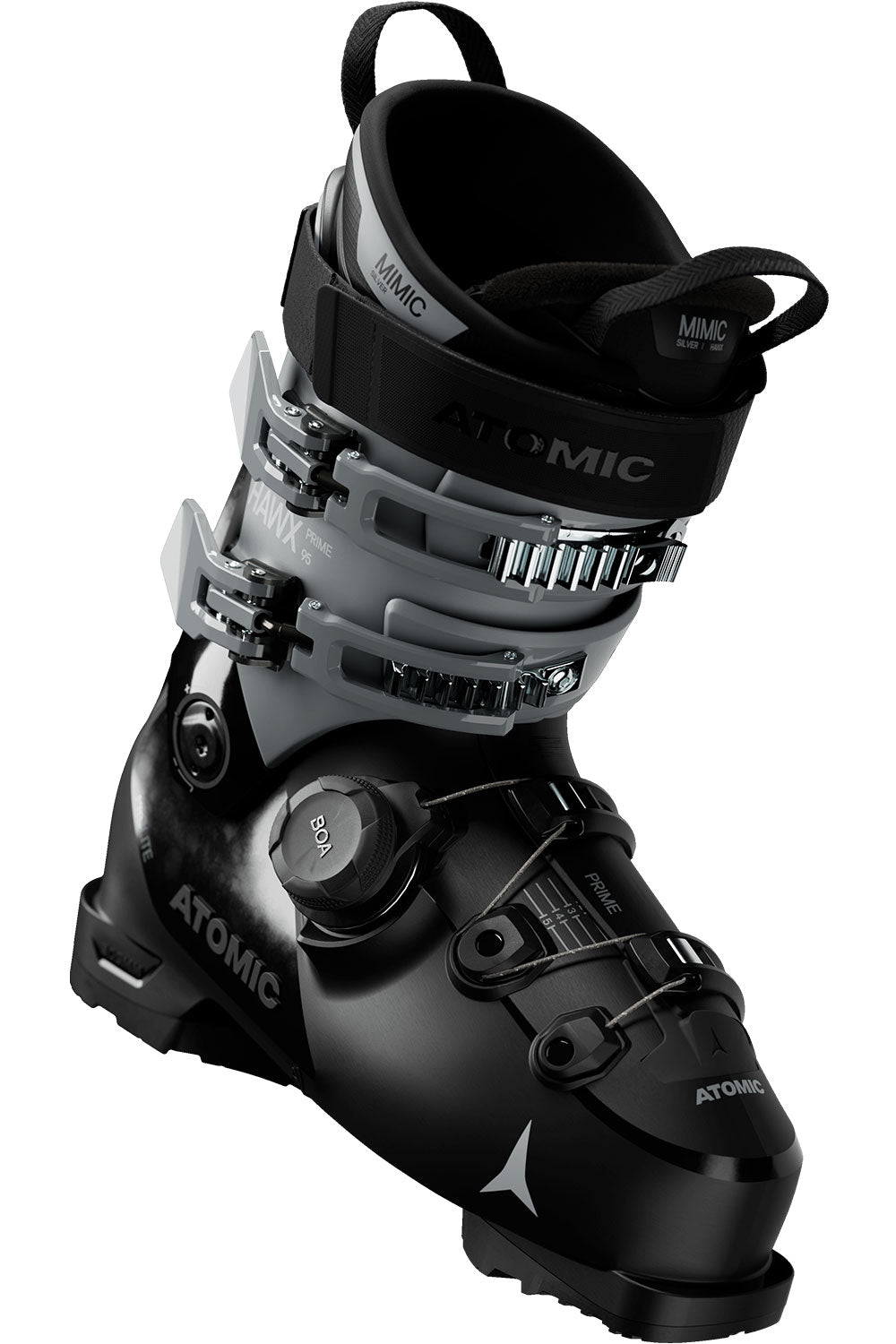Black and gray ski boot with Atomic branding on a white background