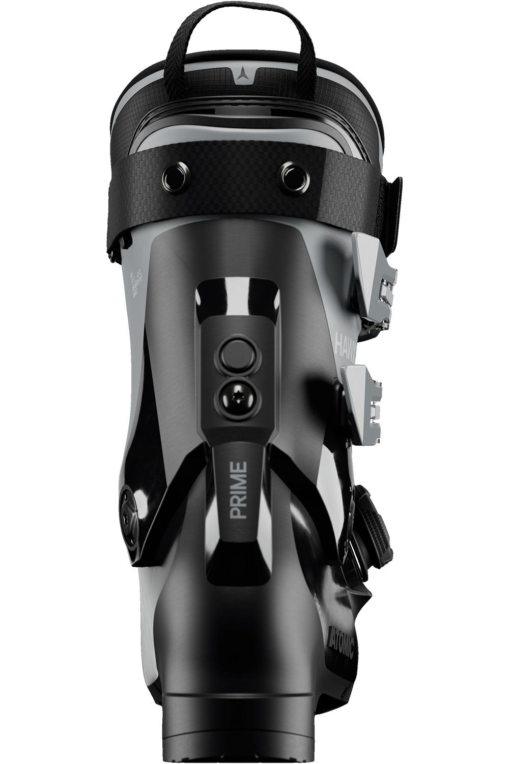 Black ski boot with 'Prime' branding on a white background