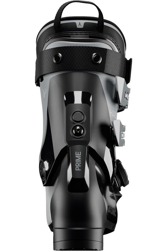 Black ski boot with 'Prime' branding on a white background