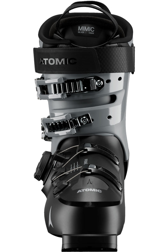 Black and gray ski boot with 'Atomic' branding on a white background