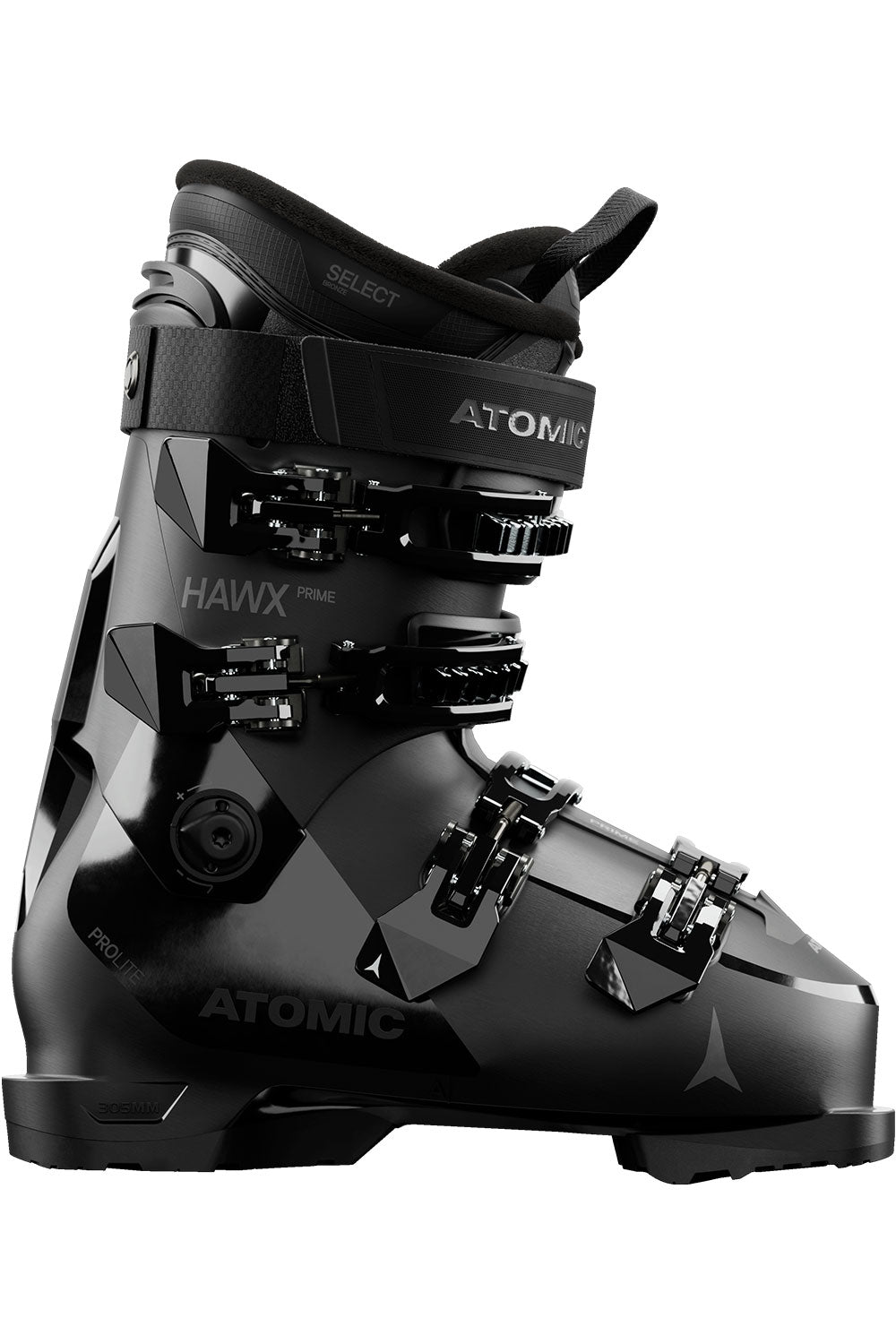 Black Atomic ski boot on a white background