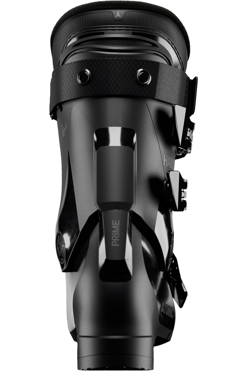 Black ski boot with 'Prime' branding on a white background