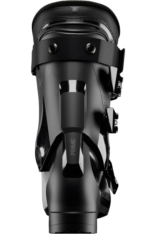 Black ski boot with 'Prime' branding on a white background