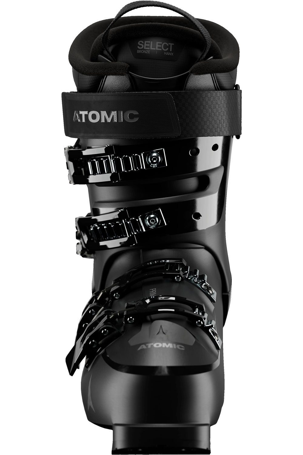 Black Atomic ski boot on a white background