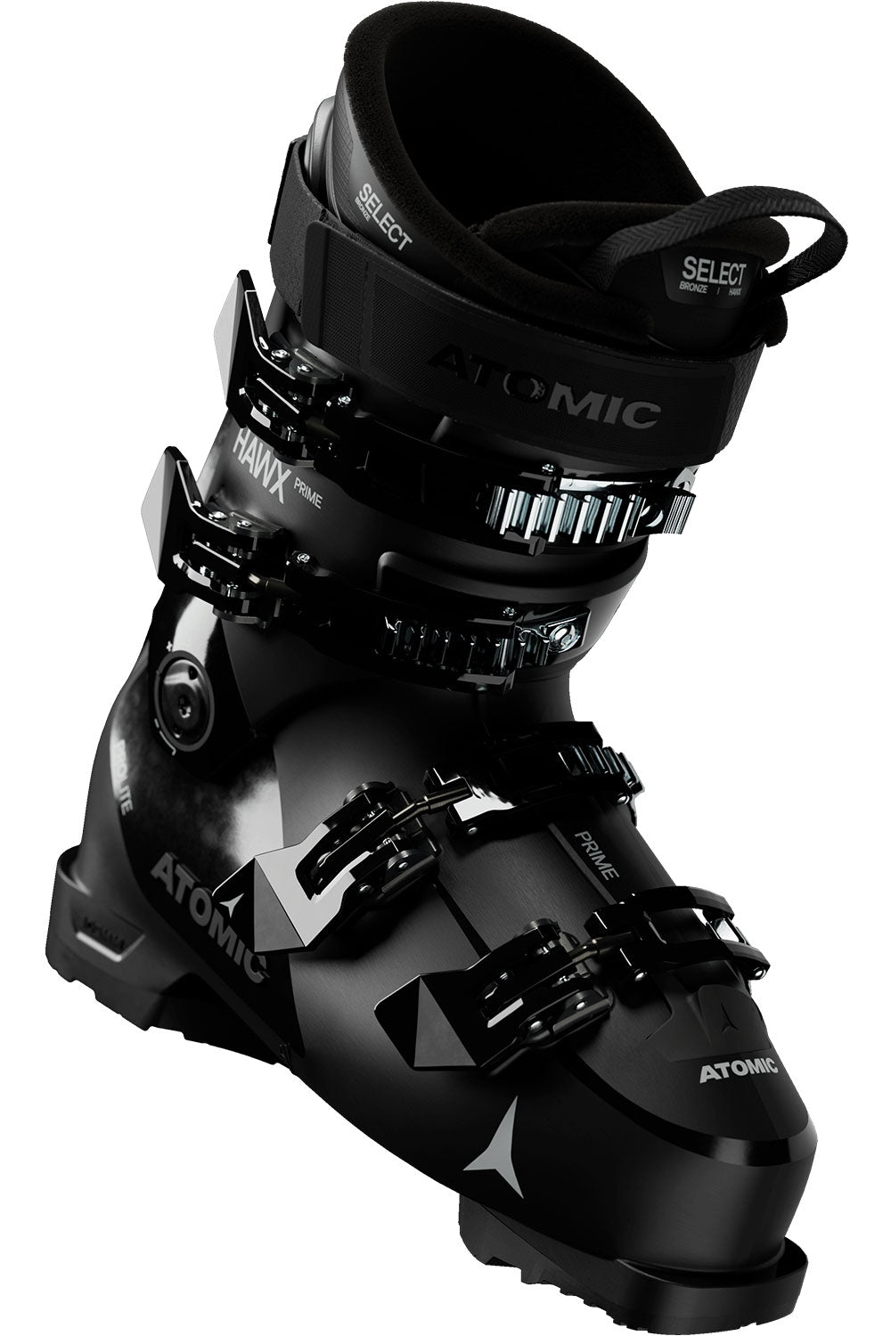 Black Atomic ski boot on a white background