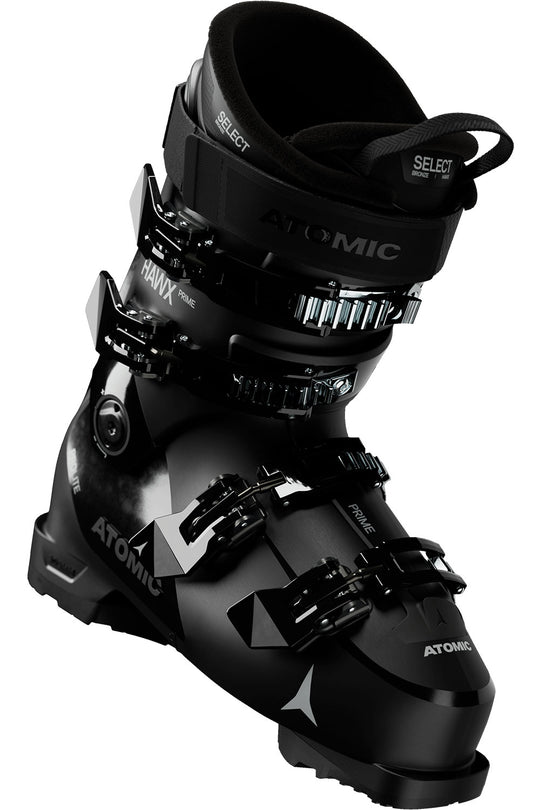 Black Atomic ski boot on a white background
