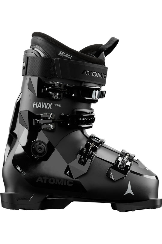 Black Atomic ski boot on a white background