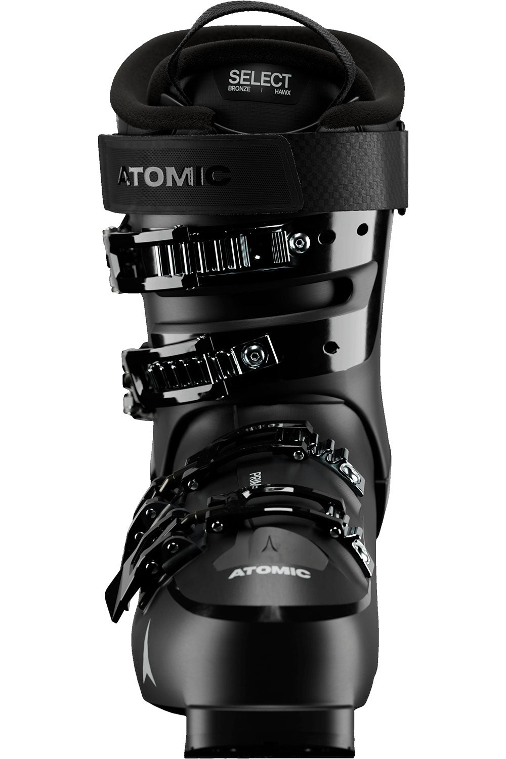 Black Atomic ski boot on a white background