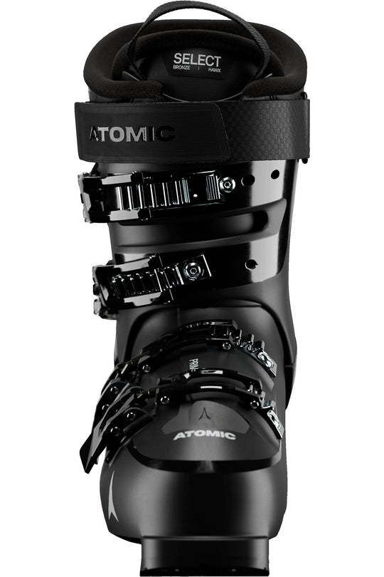 Black Atomic ski boot on a white background